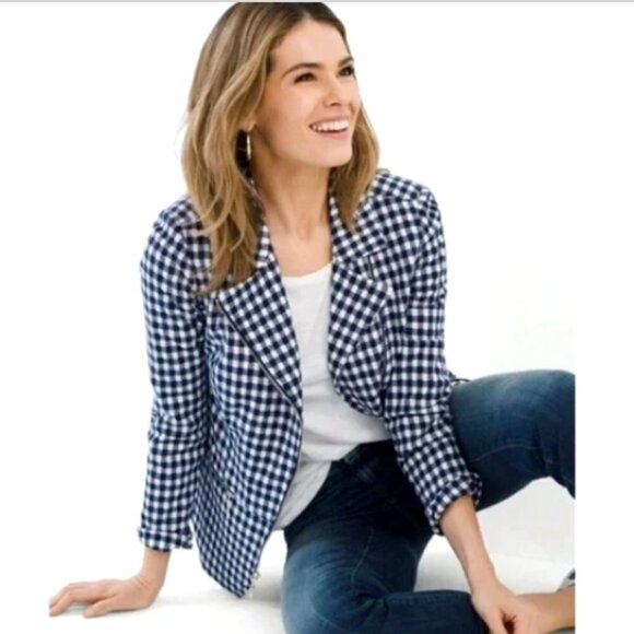 Chico’s 2 (L/12) Gingham Plaid Moto Jacket Navy Blue & White 268B - Picture 1 of 11